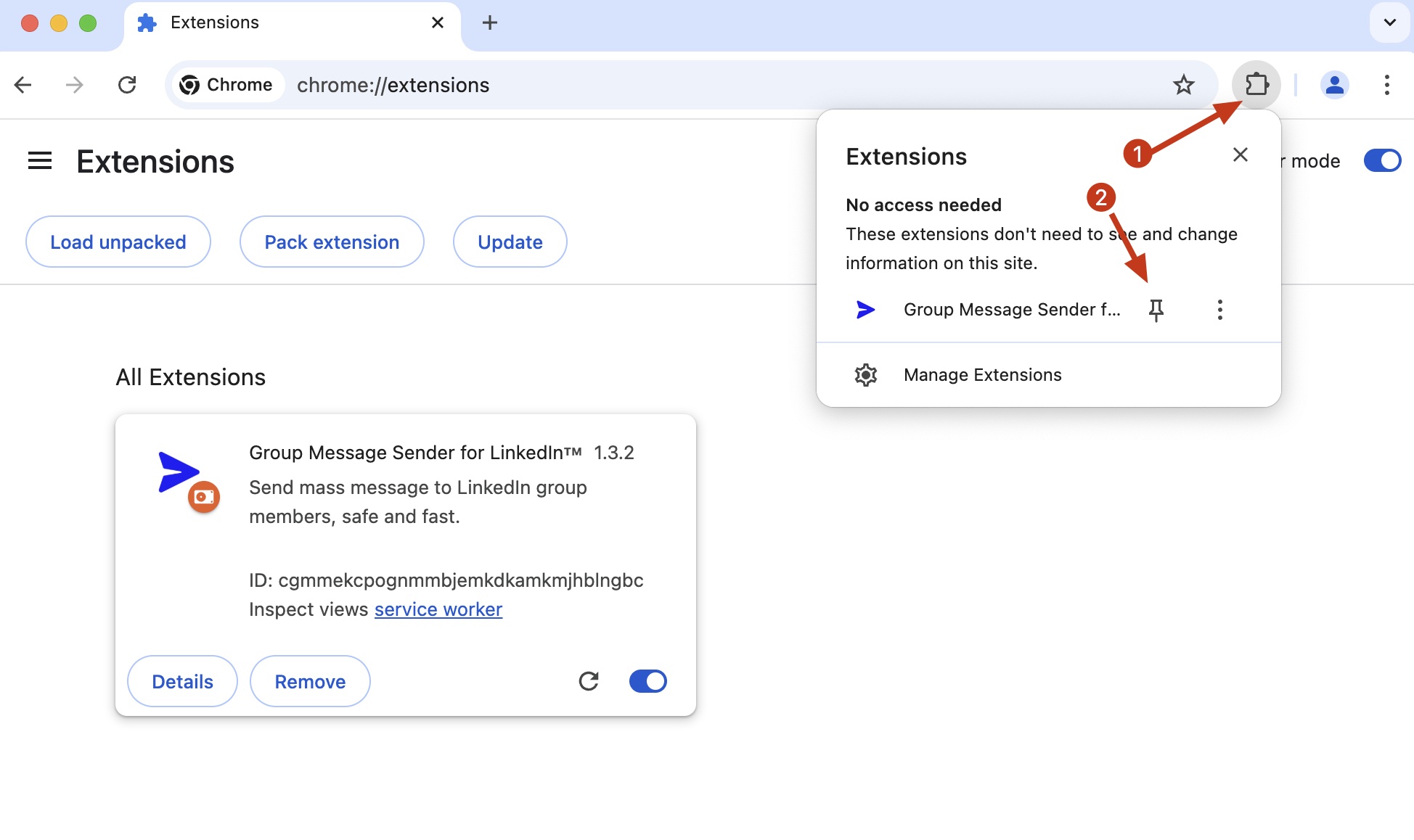 LinkedIn Group Sender chrome extension install pin